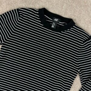 H&M Sweater Mens XS Black White Striped Cotton Fine Knit Slim Fit Round Neck